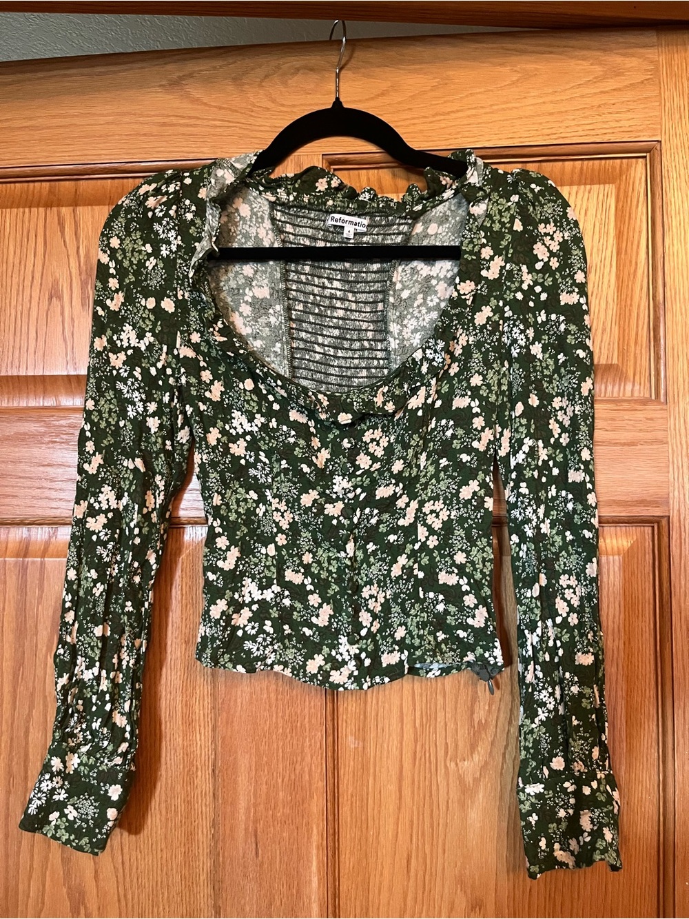 Reformation Olive Green Floral Scoop-Neck Button Top